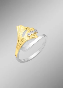 Damenring Ginkgoblatt in Bicolor mit synth. Zirkonia