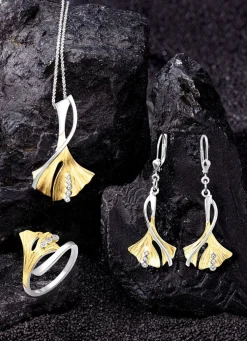 Damenring Ginkgoblatt in Bicolor mit synth. Zirkonia