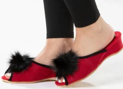 ELENA EDEN, schicke Damen-Pantoletten, Weite G, mit Kunstfellpompon