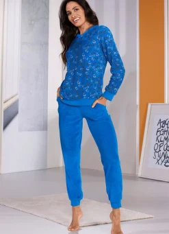 Frottierstretch Schlafanzug mit Rundhals und Bündchen