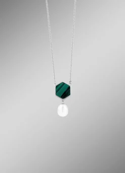 Halskette mit Süßwasser-Zuchtperle und echt Malachit