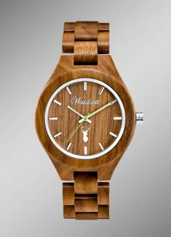 Herrenuhr der Marke Waidzeit, komplett gefertigt aus naturbelassenem Walnussholz