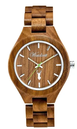 Herrenuhr der Marke Waidzeit, komplett gefertigt aus naturbelassenem Walnussholz