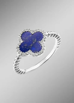 Kleeblatt-Damenring mit echt Lapislazuli und synth. Zirkonia