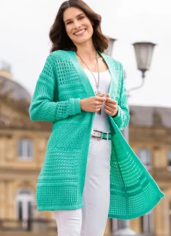 Long-Strickjacke in Struktur- und Ajourmustermix