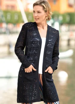 Long-Strickjacke mit Ajourdessin
