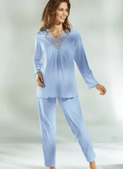 Schlafanzug, Langarm mit V-Ausschnitt und Spitze