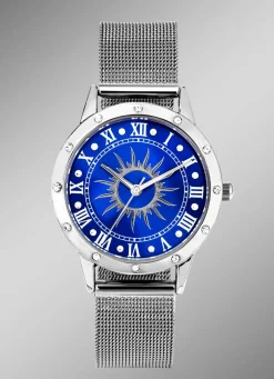 Silberfarbene Damenuhr mit Sonnenmotiv und Kristallakzenten