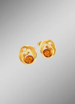 Strahlende Ohrstecker mit echt Bernstein und synth. Zirkonia