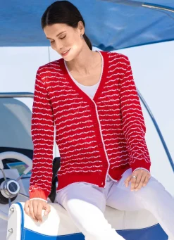 Strickjacke mit feinen Ringeln und Ajourrauten