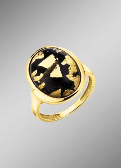 Unikat: Damenring mit Onyx, beh. und Bergkristall mit Blattgold-Triplette