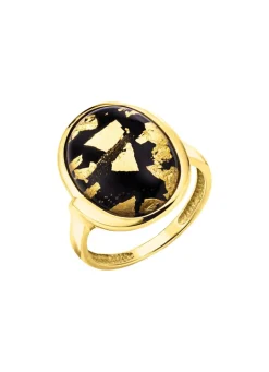 Unikat: Damenring mit Onyx, beh. und Bergkristall mit Blattgold-Triplette