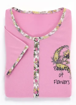 Zweierpack Nachthemden mit langer Knopfleiste, Stickerei sowie kurzen Ärmeln